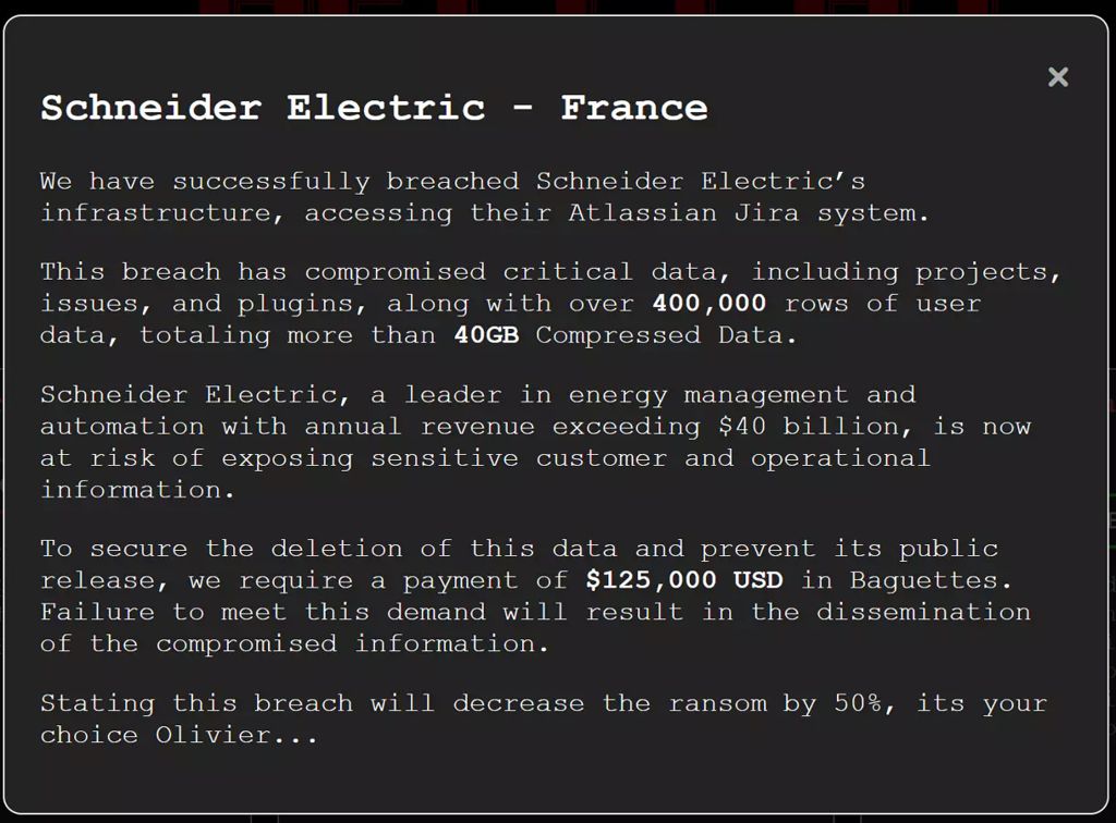 Message left by hackers for Schneider Electric after breaching their systems