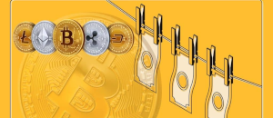 Crypto Coins and Cash Banknotes being Hanged to Dry