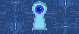Eye Behind a door lock emphasizing spying