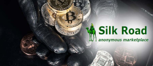 Silk Road Darknet Marketplace Logo with Bitcoin Coins In the background