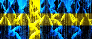 Swedish flag with hackers behind it