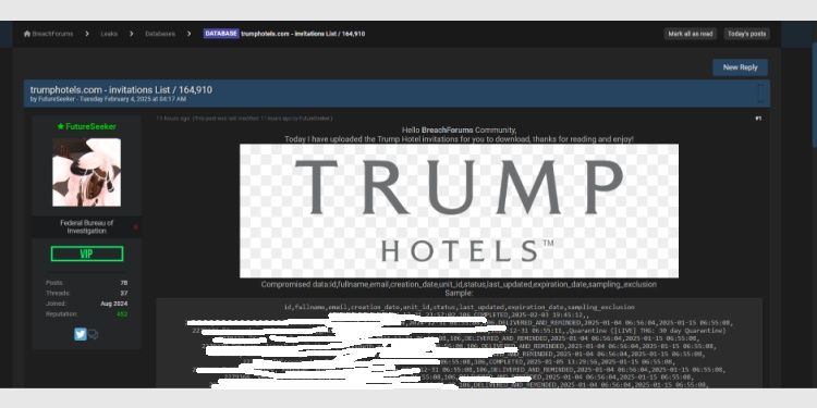 Trump Hotels BreachForums Post claiming TrumpHotel data on BreachForums